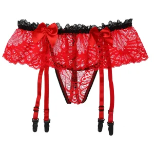 Slip dentelle homme Sissy porte jaretelles Taille unique Rouge