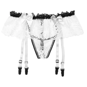 Slip dentelle homme Sissy porte jaretelles Taille unique Blanc