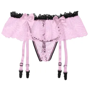 Slip dentelle homme Sissy porte jaretelles Taille unique Rose