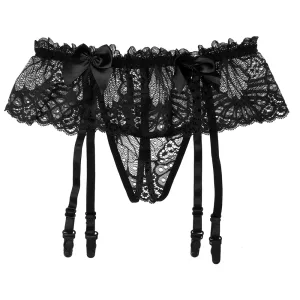 Slip dentelle homme Sissy porte jaretelles Taille unique Noir