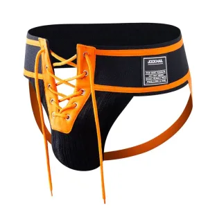 Slip Ouvert Homme. "Arès" Bande Jockstrap Fesses Nues Et Lacets. Noir Et Orange