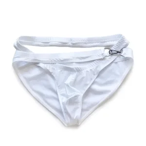 Slip de bain homme, Bikini taille basse. Attache au coté simple en métal, Blanc