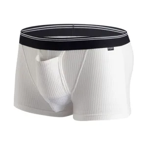 Slip kangourou homme, ouverture de la poche frontal. Blanc