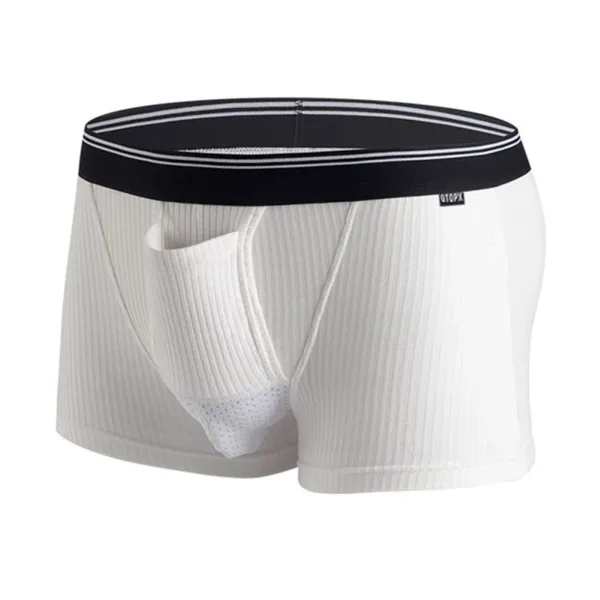 Slip kangourou homme, ouverture de la poche frontal. Blanc