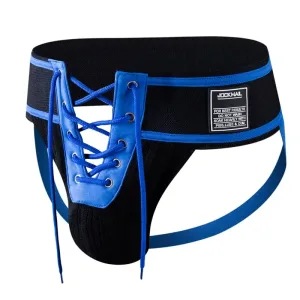 Slip Ouvert Homme. "Arès" Bande Jockstrap Fesses Nues Et Lacets Noir Et Bleu