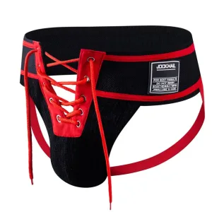 Slip Ouvert Homme. "Arès" Bande Jockstrap Fesses Nues Et Lacets Noir Et Rouge
