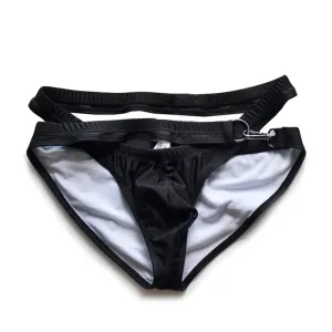 Slip de bain homme, Bikini taille basse. Attache au coté simple en métal, Noir