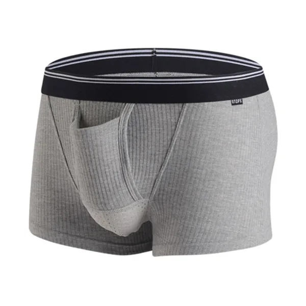 Slip kangourou homme, ouverture de la poche frontal. Gris