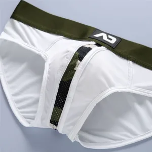 Slip homme taille basse Blanc, 3D filet Kaki camouflage, en Polyester élastique et très confortable