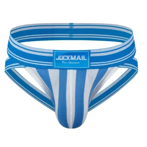 Jockstrap, slip ouvert homme, bandes verticales bi-color Bleu